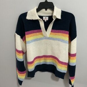Sundry Navy Cream Rainbow Stripe Collared Sweater